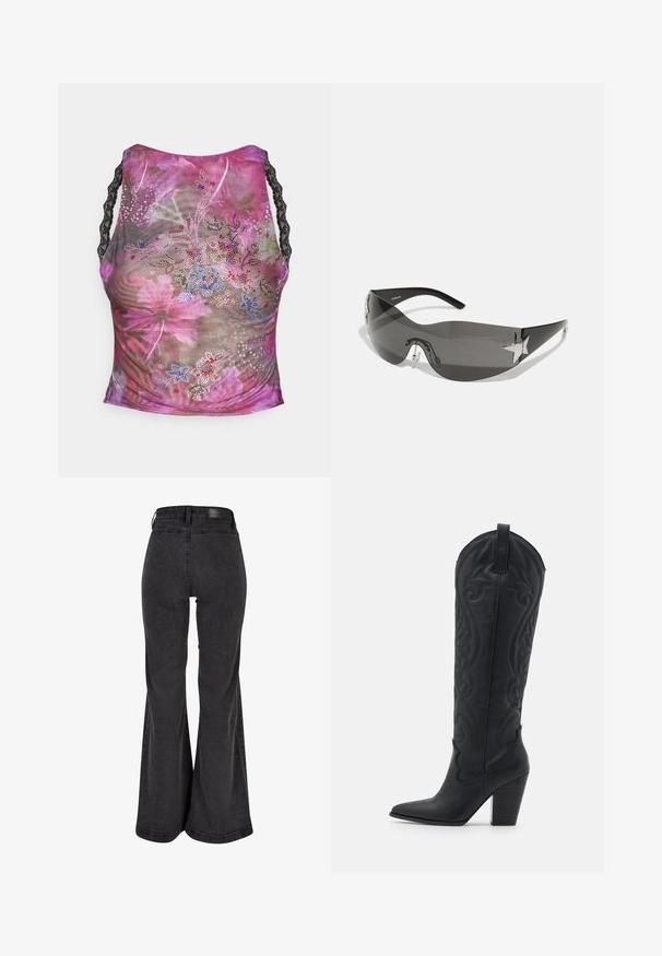 Top sin mangas de malla floral en tonos de rosa, púrpura y verde. Presenta tirantes de encaje negro y adornos de strass coloridos en la parte frontal.; Vaqueros de campana negros con una textura suave, cintura alta y una etiqueta de marca en la parte trasera. Presenta un diseño de pierna ancha y costuras reforzadas.; Zign Botas camperas - black; Gafas de sol negras con diseño envolvente, lentes oscuros, acentos brillantes en forma de estrella y almohadillas nasales ajustables.; Bolso de hombro de cuero negro con un acabado texturizado, que cuenta con un acento de cadena, una correa ajustable y detalles en hardware plateado.