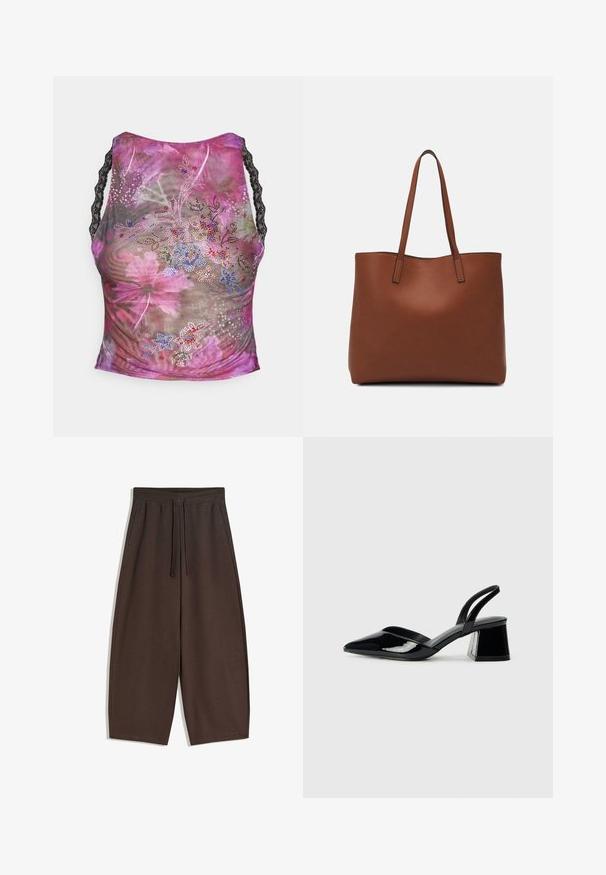 Bloemige mesh tanktop in roze, paars en groene tinten. Heeft zwarte kanten bandjes en kleurrijke strasstenen versieringen aan de voorkant.; Bruine broek met brede pijpen gemaakt van zacht materiaal, voorzien van een elastische tailleband en trekkoord, met een gladde textuur en een strak ontwerp.; Zwarte gepatineerde leren slingback hakken met een spitse neus en een geometrische blokhak. Kenmerkt zich door een slank, minimalistisch ontwerp en een gladde textuur.; Bruine leren tote bag met een gladde textuur, een ontwerp met een open bovenkant en twee schouderbanden. Kenmerkt zich door minimale stiksels en geen zichtbare hardware.