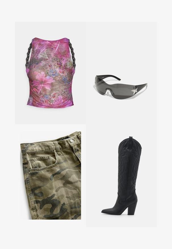 Lille lilleline, millel on roosad, lillad ja rohelised toonid. Mustad pitsist rihmad ja esiosal värvilised säravad kivid.; Next Lühikesed teksad - camo print; Zign Kauboi-/mootorrattasaapad - black; Mustad musta värvi prillid, millel on ümberringi kujundus, tumedad toniseeritud objektiivid, läikivad tähekujulised aktsendid ja reguleeritavad ninapatjad.; Must kandekott, millel on tekstuuriga pind, ketiga aksent, reguleeritav rihm ja hõbedased detailid.