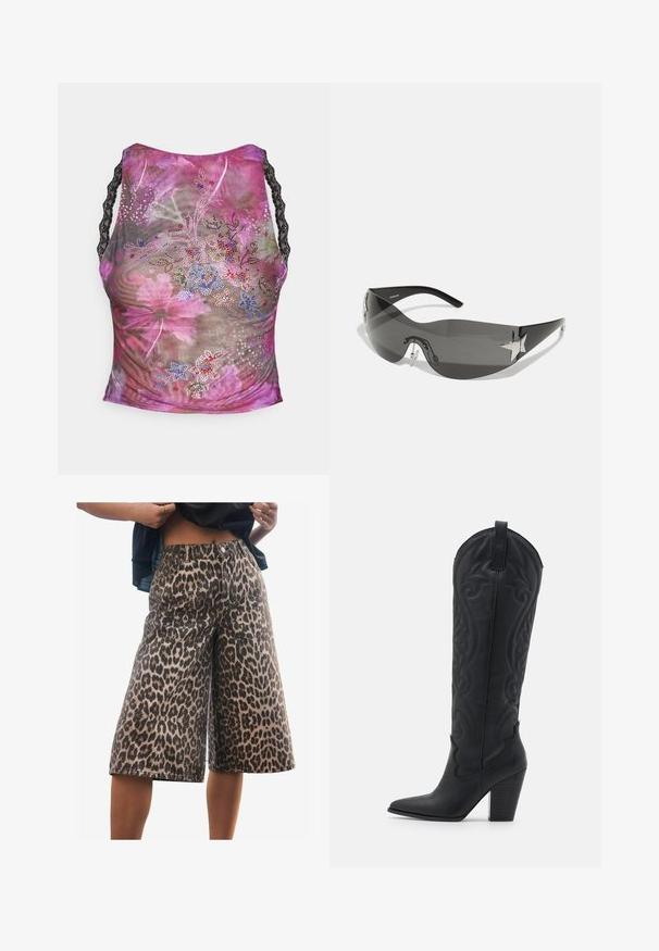 Gėlėmis puošta tinklinė tankų su rožinėmis, violetinėmis ir žaliomis atspalviais. Savybėje - juodos nėriniai ant petnešėlių ir spalvingi kristalų akcentai priekyje.; Lepardo rašto džinsiniai šortai su laisvu siluetu, vidutinio aukščio juosmeniu, struktūruotais siūlais ir plačiais kojų kirpimais. Audinys pasižymi minkšta tekstūra.; Zign Kaubojiški / motociklininko stiliaus batai - black; Juodos saulės akinius su apvaliu dizainu, tamsiai tonuotais lęšiais, blizgančiais žvaigždės formos akcentais ir reguliuojamomis nosies pagalvėlėmis.; Juoda odinė petinė rankinė su tekstūruotu paviršiumi, turinti grandinėlės akcentą, reguliuojamą diržą ir sidabro spalvos detales.