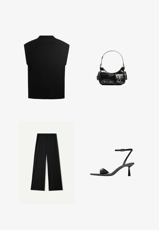 Top negru fără mâneci, cu un gât înalt, realizat dintr-un material tricotat moale. Prezintă o siluetă pătrată și o textură netedă.; Bershka WIDE - Pantaloni - black; Bershka Sandale cu toc - black; Geantă de mână din piele lăcuită neagră, cu o formă curbată, un umăr, buzunare frontale și accente din metal argintiu.