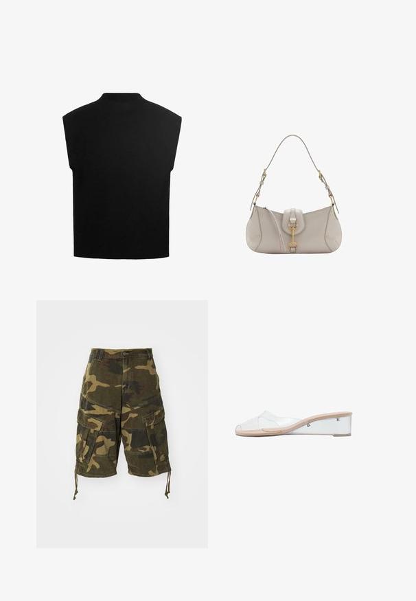 Černý top bez rukávů s vysokým výstřihem, vyrobený z měkké pleteniny. Má hranatý střih a hladký povrch.; Zelené a hnědé maskáčové cargo šortky, které mají několik kapes a nastavitelné stahovací šňůrky na spodním lemu. Vyrobeno z pevné tkaniny.; Průhledné skluzné sandály s transparentní horní částí a béžovým podpatkem. Mají hladký povrch a minimalistický design.; Světlé šedé kožené kabelky s zakřiveným tvarem, zlatými kovovými doplňky, předním claspem a prošívanými detaily. Součástí je nastavitelný ramenní popruh.