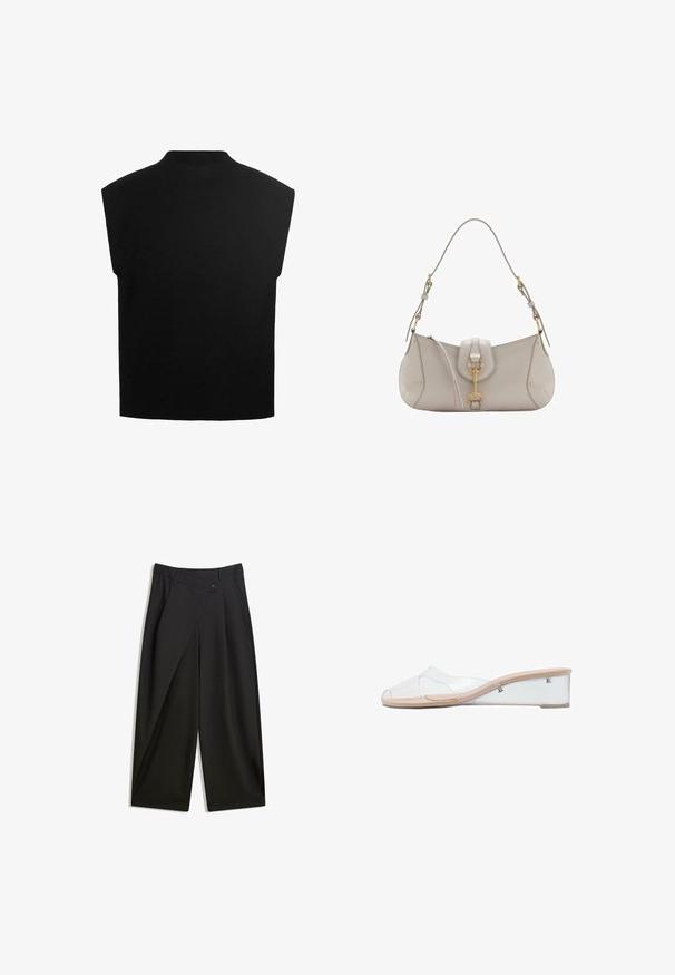 Čierny tielko bez rukávov s vysokým výstrihom, vyrobené z mäkkej pleteniny. Má boxy siluetu a hladkú textúru.; Čierne široké nohavice vyrobené z hladkého materiálu. Obsahujú predný záhyb, zapínanie na gombík a prispôsobený pás pre elegantný strih.; Priehľadné sandále na klíne s priesvitným zvrškom a béžovou platformou. Majú hladkú textúru a minimalistický dizajn.; Svetlo šedá kožená kabelka s zakriveným tvarom, zlatými kovovými prvkami, predným zapínaním a prešitými detailmi. Súčasťou je nastaviteľný ramenný popruh.