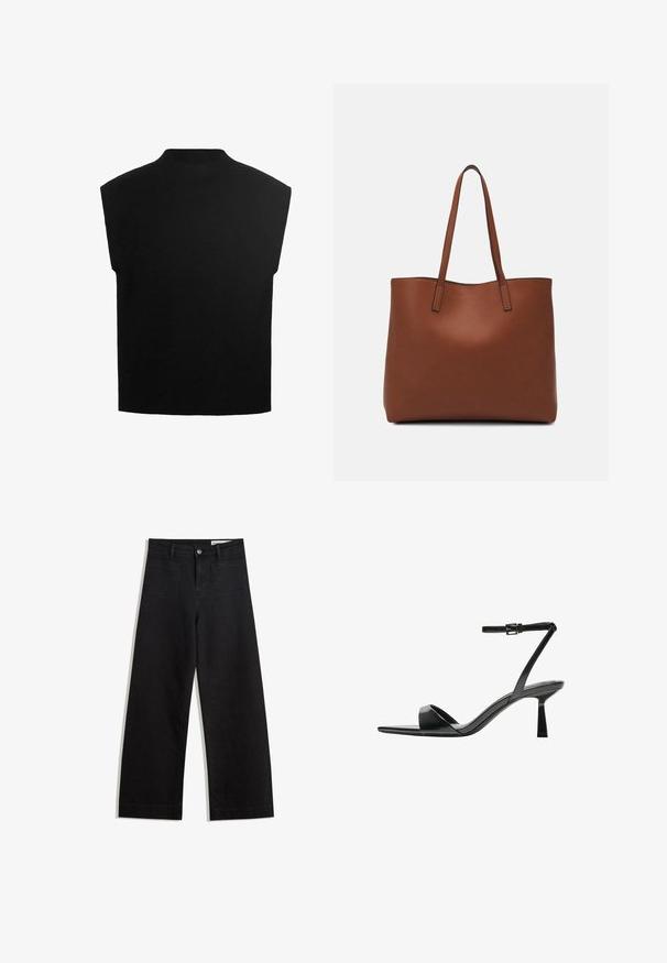 Black sleeveless top with a high neckline, made from a soft knit fabric. Features a boxy silhouette and a smooth texture.; Black wide-leg denim pants with a high waist, featuring front and back pockets, stitched seams, and a button closure. Smooth texture.; Bershka High heeled sandals - black; Brown leather tote bag with a smooth texture, open top design, and two shoulder straps. Features minimal stitching and no visible hardware.