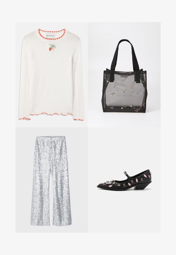 Hvit langermet skjorte med en bølget rød halsfinke. Har en liten grønn og rød jordbærbrodering på forsiden.; Sølvpaljettbukser med vid bunn og elastisk liv. Har en blank tekstur og bred ben silhuett.; Sorte skinn Mary Jane-sko med spiss tå, utsmykket med steiner i forskjellige former i rosa og klar, med lav kilehæl.; Svart mesh tote-veske med broderte blomsterdesign, med solide svarte håndtak og et logo-merke på fronten. Halvgjennomsiktig materiale.