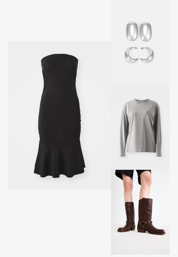 Siva bombažna srajca z dolgimi rokavi in okroglim izrezom ter majhnim črnim logotipom na levi prsni strani. Mehka tekstura, sproščen kroj.; Črna brezramna obleka iz elastične tkanine, s smučanjem ob straneh in razširjenim robom. Gladka tekstura z oprijetim silhuetom.; Rjave usnjene čizme do kolen s zaobljenim nosom, teksturirano površino, trakovi okoli gležnja in srebrni detajli; zasnovane s steknjenim peto.; Set srebrnih uhani: dva ovalna ušesa in dve obročni obliki, z visokim sijajem, gladko površino in okroglo obliko.