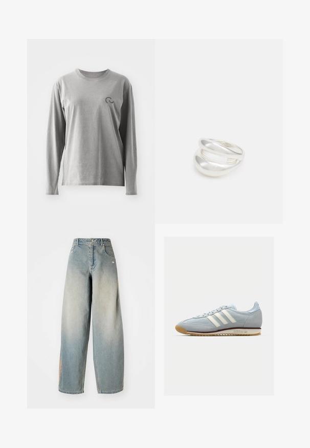 Siva pamučna košulja dugih rukava s okruglim izrezom i malim crnim logotipom na lijevoj strani prsiju. Mekana tekstura, ležeran kroj.; Svijetloplave traper široke hlače s izblijedjelim završetkom. Imaju prednje džepove, kopčanje na gumb i suptilan logo na pojasu.; Svijetloplave suède tenisice s bijelim tri pruge, gumeni potplat i teksturirana mrežica. Imaju glatki vrh cipele i brendiranje na peti.; Srebrna dvostruka prsten s glatkom, poliranom površinom. Karakterizira ga fluidan, zakrivljen dizajn s preklapajućim sekcijama za moderan izgled.