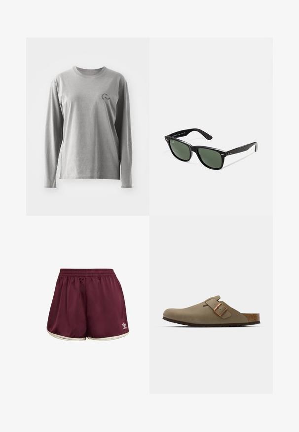 Langärmliges graues Baumwollhemd mit Rundhalsausschnitt und kleinem schwarzen Logodetail auf der linken Brust. Weicher Stoff, lässige Passform.; adidas Originals SPRINTER - Shorts - maroon cream white; Braune Clogs mit einer glatten, matten Oberfläche. Besitzt eine auffällige bronzefarbene Schnalle an der Seite. Korkfußbett und Gummisohle für Komfort.; Schwarze Plastiksonnenbrille mit grünen Gläsern, quadratischen Rahmen, silbernem Akzent auf der Augenbraue und strukturierten Bügeln. Angegebene Marke auf dem inneren Bügel.; Schwarze Stofftasche mit einer strukturierten, gesteppten Oberfläche. Abgerundete Form, kurze, dicke Griffe und eine weiche, flexible Struktur.