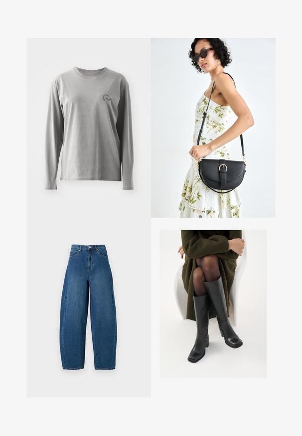 Siva pamučna košulja dugih rukava s okruglim izrezom i malim crnim logotipom na lijevoj strani prsiju. Mekana tekstura, ležeran kroj.; Traperice u srednjem plavom pranju, s visokim strukom, širokim nogavicama i standardnim dizajnom s pet džepova, s vidljivim detaljima šivanja.; Čizme od crne kože do koljena sa četvrtastim vrhom i blok petom, prikazane s manekenkom koja sjedi u maslinasto zelenom kaputu. Glatka tekstura, minimalni detalji.; Crna kožna torba s lukovitim oblikom, odvojivim remenom i zlatnim detaljima. Torba ima preklop s kopčom.