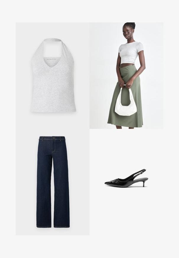Grijze haltertop met een diepe V-hals, gemaakt van een zachte katoenmix. Heeft een mouwloos ontwerp en een uitgesneden rug voor ventilatie.; Wijdvallende donkerblauwe jeans met een klassiek vijf-pocket ontwerp, gemaakt van denim, met gouden stiksels en een knoopsluiting bij de taille.; Zwarte leren slingback hakken met een spitse neus, kleine kittenhak en een decoratieve knoopdetail aan de voorkant. Smooth textuur overal.; Grijs geribbelde crop top en olijfgroene hoge taille rok. Model houdt een witte schoudertas met uitsparingen vast. Eenvoudig ontwerp, aansluitende silhouet.