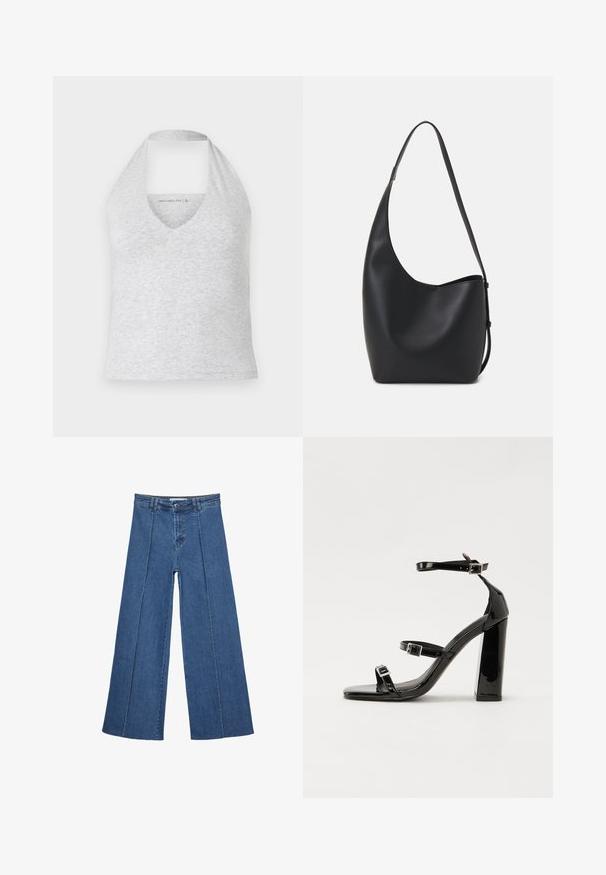 Grå halterneck-top med djup V-ringning, gjord av mjukt bomullsblandat tyg. Har en ärmlös design och en urklippt rygg för ventilation.; Vidbenade denimjeans i medelblått, med hög midja, knäppning och kontrasterande vertikala sömdetaljer längst fram.; Svarta lackerade klacksandaler med fyrkantig tå, ankelremmar och silverfärgade spännen. Har en kraftig blockklack för stabilitet.; Svart läder hobo-väska med en slät textur, kurvig form och en justerbar axelrem; har en bred öppning upptill.