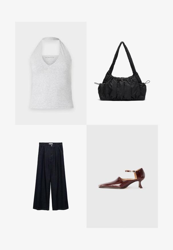 Grijze haltertop met een diepe V-hals, gemaakt van een zachte katoenmix. Heeft een mouwloos ontwerp en een uitgesneden rug voor ventilatie.; Donkerdenim wijde-broek met een hoge taille, voorzien van een sluiting met knoop aan de voorkant, twee zijzakken en stikdetails.; Bordeaux patentleren schoen met een spitse neus, enkelbandje en een taps toelopende hak van 5 cm. Glad van textuur en minimalistisch ontwerp.; Zwarte stoffen handtas met gerimpelde textuur, twee schouderbanden en een trekkoordsluiting aan de zijkanten. Glad, lichtgewicht materiaal.