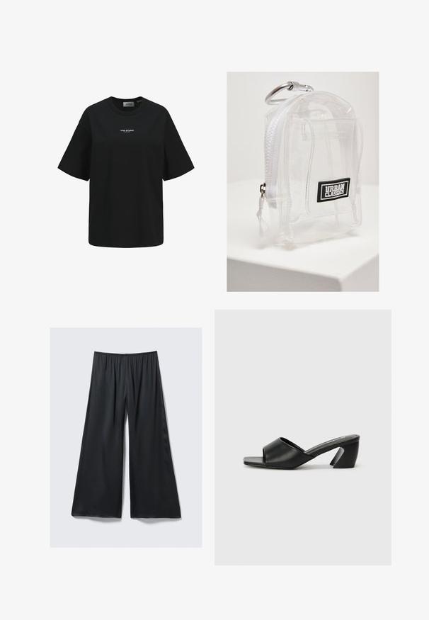 Fekete pamut póló laza szabással, kerek nyakkivágással, rövid ujjakkal és fehér "JJXX STUDIO" logóval a mellrészen.; Fekete, széles lábú nadrág, könnyű anyagból készült, rugalmas derékkal és sima, enyhén fényes textúrával. Laza illeszkedéssel rendelkezik.; Fekete, magassarkú szandál sima műbőr felsőrésszel, nyitott orrú kialakítással és jellegzetes szögletes sarokkal. Minimalista négyzet alakú talpbetét.; Átlátszó PVC mini hátizsák fehér cipzárral és pánttal. Fekete logó folt és ezüst szorítókarabíner található rajta. Kompakt, téglalap alakú.