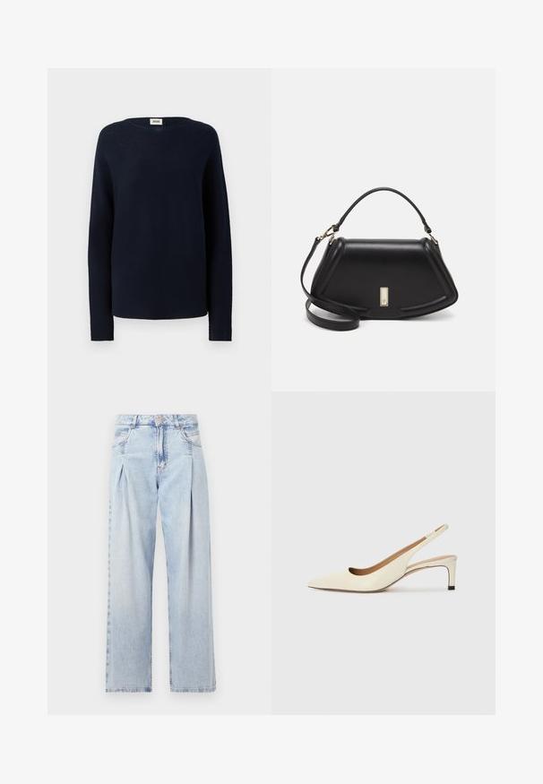 Marineblå genser laget av strikket stoff. Har rund halslinning og lange ermer med et løst, rett snitt. Myk tekstur.; Lyseblå denimjeans med høy livlinje, vide ben, to sidelommer og plisserte detaljer. Myk tekstur med en falmet finish.; Sko med spiss tå og slingback i off-white skinn, med lav hæl og utskårent design, med en glatt tekstur og minimale detaljer.; Sort lærveske med en strukturert design, som har en avkortet form, topphåndtak og detaljer i gull. Justerbar skulderstropp inkludert.