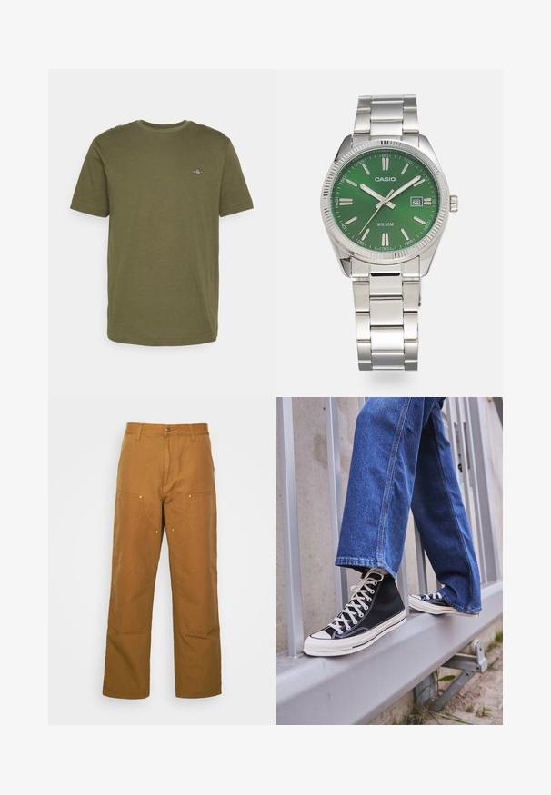 T-shirt in cotone verde oliva con maniche corte, scollatura rotonda e piccolo logo ricamato sul petto. Tessuto morbido, design casual.; Pantaloni utility in cotone marrone con design a gamba dritta, dotati di tasche anteriori e dettagli in metallo per una maggiore durata.; Scarpe da ginnastica nere alte con suola e lacci bianchi, abbinate a jeans di denim blu larghi, appoggiate su un parapetto grigio.; Orologio in acciaio inossidabile argentato con quadrante rotondo verde, marcatori delle ore argentati, display della data e bracciale a maglie in metallo. Resistente all'acqua fino a 50 metri.