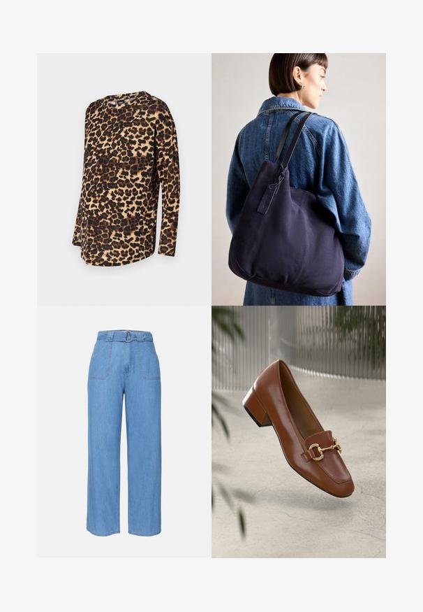 Paita pitkähihaista leopardi-printtiä, jossa on rento istuvuus, pyöreä pääntie ja pehmeä kangas, jossa on ruskeita ja mustia laikkuja vaalealla taustalla.; Vaaleansiniset farkut, joissa on leveät lahkeet, vyötäröllä vyö, kaksi etutaskua ja yksinkertainen pinta. Ominaisuuksiin kuuluu minimalistinen muotoilu ja siistit linjat.; Ruskea kiiltävä nahkaloaferi neliönmuotoisella varpaalla, metalliketjuaktsentilla ja matalalla tukijalalla; sileä rakenne, minimalistinen muotoilu.; La handbag delikaatti muotoilu, jossa on pehmeä, mutta hyvin muotoiltu rakenne, musta olkahihna, ommellut yksityiskohdat ja pieni brändilappu.