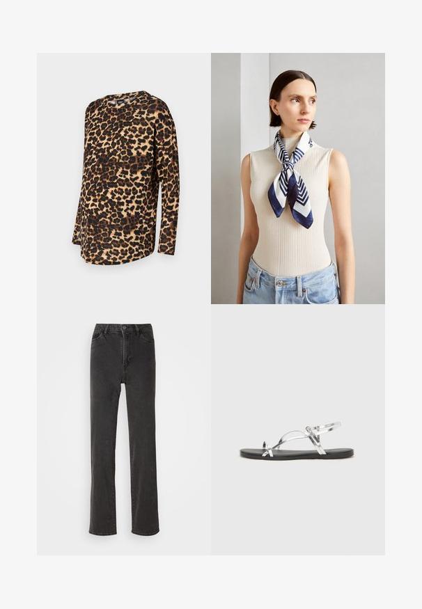 Leopardų rašto ilgomis rankovėmis marškiniai, pasižymintys laisvu kirpimu, apvaliu kaklu ir minkšta medžiaga, turinčia rudus ir juodus taškus šviesiame fone.; Juoda džinsų audinio kelnės su tiesiu kirpimu, aukšta liemeniu, penkiomis kišenėmis ir sagų uždarymu. Medžiaga turi lengvą tekstūrą, nematyti jokios raštų.; Sidabriniai metaliniai sandalai su minimalistiniu dizainu, turintys plonas dirželius ir juodą plokščią padą. Išskirtinai pabrėžiami kryžminiai dirželių akcentai.; Šilkinė šalikas tamsiai mėlynos ir baltos spalvos su geometriniu zigzagu raštu. Lygus tekstūros, tvarkingai surištas aplink kaklą, papildantis raukšlėtą viršų.