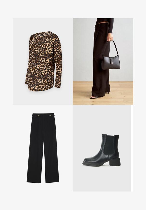 Duga majica s uzorkom leopard kože, s opuštenim krojem, zaobljenim dekolteom i mekanim materijalom s smešnim i crnim mrljama na svijetloj pozadini.; Crne hlače širokih nogavica s visokim strukom, s dugmadi na pojasu i prednjim nabora.; Crne kožne čizme do članka s elastičnim bočnim panelima, zaobljenim vrhom i niskom blok petom. Površina ima glatku teksturu i minimalne detalje.; Crna torba s oblikom koji sadrži strukturu, glađu teksturu i metalnu kopču. Uparena s širokim crnim hlačama i sandalama na otvorenom s drvenog poda.
