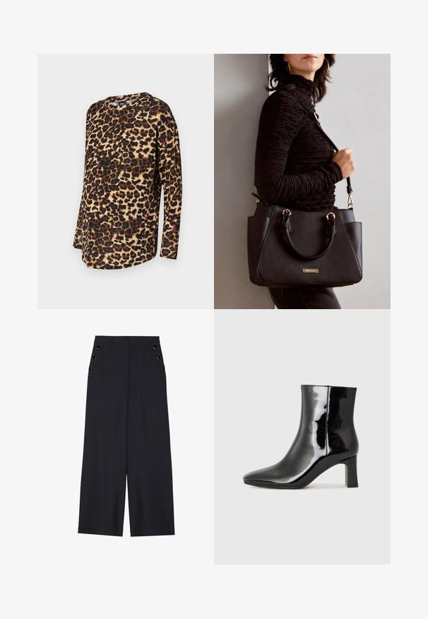 Leopardenmuster Langarmshirt mit lässiger Passform, Rundhalsausschnitt und weichem Stoff mit braunen und schwarzen Punkten auf hellem Hintergrund.; Weite Hosen aus dunkelblauem Stoff mit einer glatten Textur, Vorderfalten und dekorativen goldfarbenen Ösen an den Seitentaschen.; Schwarzer Lackleder-Stiefelette mit spitzer Zehe und einem mittelhohen Blockabsatz. Glatte Textur und minimalistisches Design.; Schwarze Handtasche mit strukturierten Oberflächen, doppelten Obergriffen und verstellbarem Schultergurt. Mit goldfarbener Hardware und Seitentaschen.
