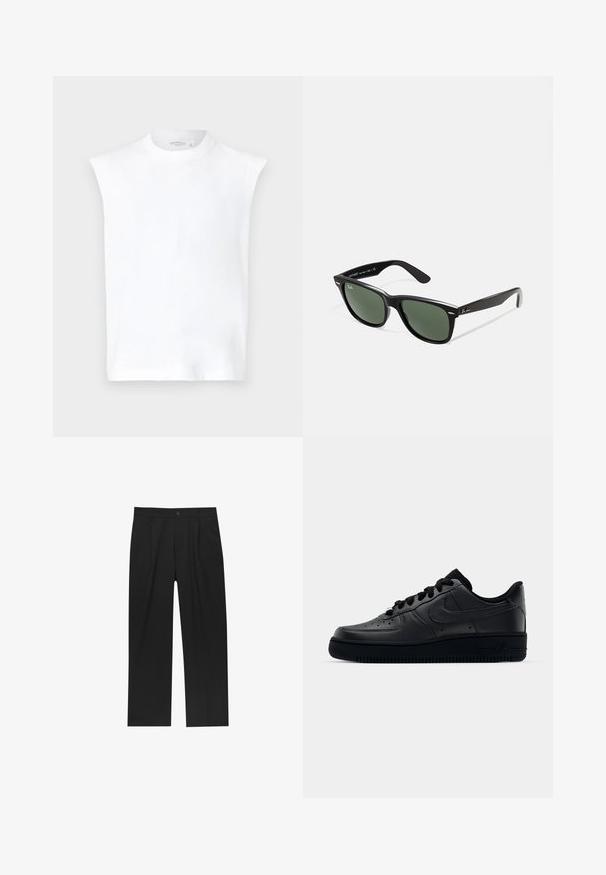 Top alb fără mâneci, cu gât înalt, dintr-un material de bumbac neted, cu o formă alungită și un design curat, minimalist.; Pantaloni negri cu un design drept, fabricați dintr-un material neted. Au plisse în față și un sistem de închidere cu un singur buton la talie.; Adidașii negri Nike Air Force 1 cu un exterior din piele netedă, vârf perforat pentru respirabilitate, șireturi negre și o talpă din cauciuc texturată.; Ochelari de soare din plastic negru cu lentile verzi, rame pătrate, accent argintiu pe sprânceană și brațe texturate. Marca este menționată pe brațul interior.