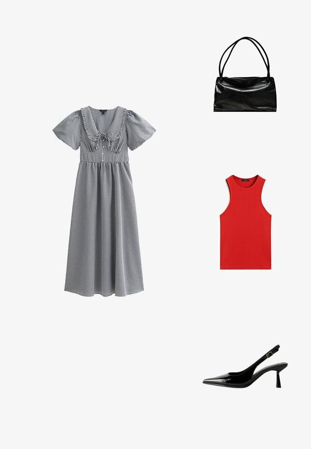 Rode geribde tanktop met een ronde halslijn en een mouwloos ontwerp. Gladde textuur en aansluitende pasvorm, zonder extra patronen of accenten.; Zwart-witte gingham jurk met korte pofmouwen, een brede halslijn, gathered taille en een rok tot op de knie. Heeft een strik in het midden.; Zwarte gepatineerde leren slingback pump met een spitse neus, uitsparingen aan de zijkanten, een verstelbare enkelband en een dunne, slanke hak.; Zwarte leren tas met een gladde structuur, rechthoekige vorm en twee lange handgrepen. Eenvoudig ontwerp zonder zichtbare hardware of versieringen.