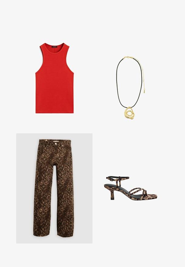 Rotes geripptes Tanktop mit rundem Ausschnitt und ärmellosem Design. Glatte Textur und figurbetonte Form, ohne zusätzliche Muster oder Akzente.; Leopardenmusterweite Beinhosen in Braun und Beige. Hergestellt aus Denim, mit einem klassischen Fünf-Taschen-Design und Metallbeschlägen.; Leopardenmuster Absatzsandalen mit Quadratzehen, mehreren Riemen und einem mittelhohen Absatz. Hergestellt aus weichem Textilmaterial.; Pilgrim UNFOLD - Halskette - gold
