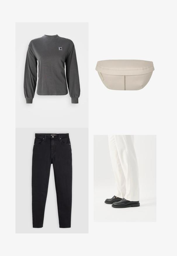 Grijs T-shirt met lange mouwen van katoen, met een ronde hals en elastische manchetten, voorzien van een klein vierkant logo op de borst.; Zwarte denim jeans met een slim fit ontwerp, vijf zakken en hardware in zilvertint. Voorzien van een knoopsluiting en een gladde textuur.; Zwarte leren loafers met een gladde textuur, steekdetails en een ronde neus, gecombineerd met witte, op maat gemaakte broeken.; Beige stoffen zakje met een afgeronde vorm, voorzien van een platte bovenkant en subtiele naaddetails. Inclusief een minimalistisch logo en een zijstrap.