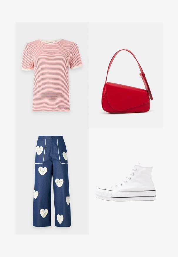 Rot-weiß gestreiftes T-Shirt, kurze Ärmel, runder Ausschnitt, Material aus Baumwollmix, leichte Textur, kontrastierende gerippte Kanten.; Sister Jane HEART TO HEART - Jeans Straight Leg - blue denim; Weiße hochwertige Leinensneaker mit schwarzer Gummisohle, vorderem Gummizehenschutz und sechs Ösen für Schnürsenkel, die ein sauberes, minimalistisches Design aufweisen.; Rote Lederhandtasche mit einem kantigen, geometrischen Design. Verfügt über einen verstellbaren Schulterriemen und einen Klappenverschluss mit genähten Details.