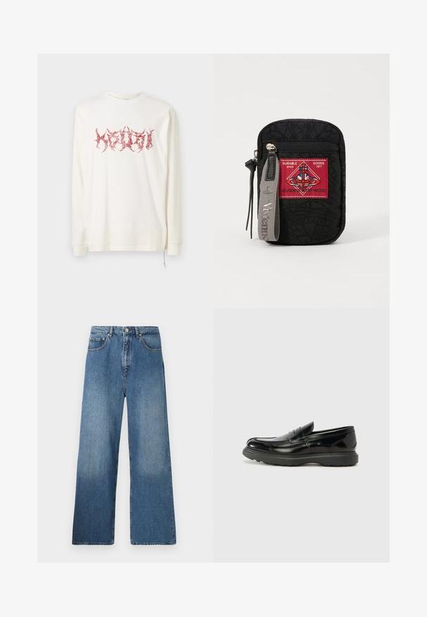 Ksubi SABBATH  BIGGIE TEE VINTAGE  - Tops ar garām piedurknēm - white; Platmalu, zili džinsi ar klasisku piecu kabatu dizainu, priekšējo pogu aizdari un nelielu izbalējumu tekstūras nodrošināšanai.; Melnas ādas loafers ar spīdīgu apdari, noapaļota pirksta forma, smalkas šuvju detaļas un bieza gumijas zole ilgstošai lietošanai.; Melns maisiņš ar teksturētu audumu, ar sarkano ielāpu ar logo, ar rāvējslēdzēju un pelēku siksnu ar iegravētu zīmola nosaukumu.