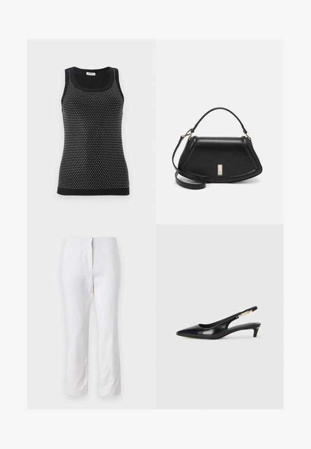 Fekete kötött ujjatlan felső, amelyet testhezálló fazon és kis fehér pöttyökből kialakított textúrájú minta jellemez. Rugalmas kivágás és szegély kiemelések.; Fehér pamut nadrág egyenes lábformával, közepes derékkal, látható fémrészek vagy minták nélkül. Sima textúra az egész anyagon.; Fekete bőr slingback magassarkúk, hegyes orral, vékony sarkakkal és arany színű részlettel a állítható pánton. Simа felület.; Fekete bőr kézitáska, strukturált dizájnnal, rövidített formával, felső fogantyúval és arany színű kiegészítőkkel. Állítható vállpánt is tartozik hozzá.