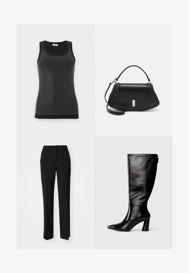 Top negru fără mâneci cu un design ajustat, având un model texturat format din puncte mici albe. Accenturi cu margine ondulată la guler și la tiv.; Pantaloni negri tailor-ed cu un design drept, având o textură fină și cute clare pe față. Fără elemente de prindere vizibile.; Cizme negre din piele până la genunchi, cu vârf ascuțit, textură netedă și toc robust. Include un detaliu cu fermoar la spate.; Geantă de umăr din piele neagră, cu un design structurat, având o formă tăiată, mânere superioare și accente din aur. Include o curea de umăr ajustabilă.