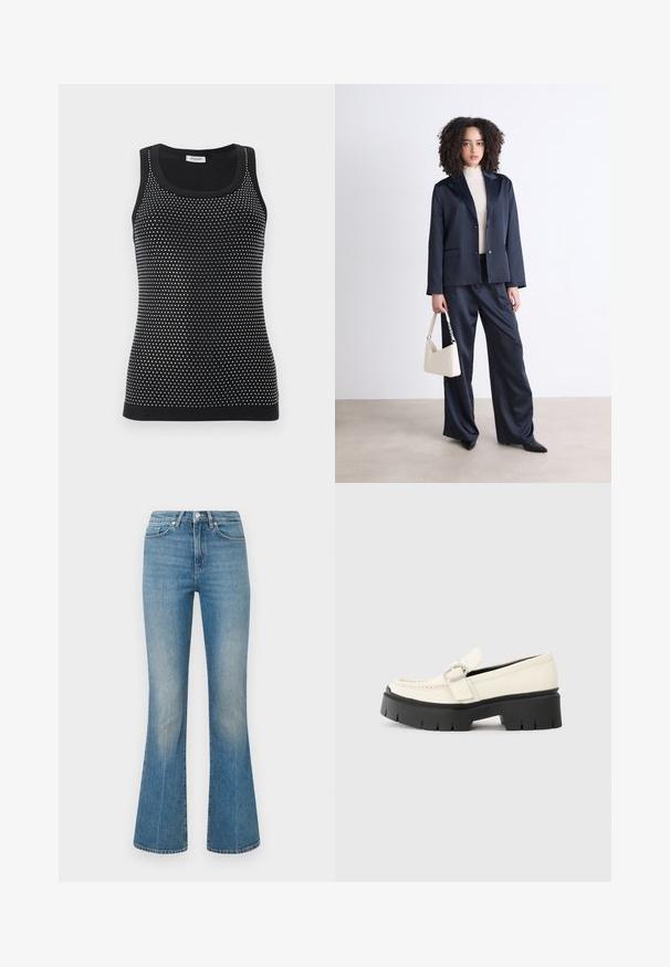 Canotta nera con design aderente e motivo testurizzato di piccoli puntini bianchi. Collo e orlo a coste.; Jeans flared di un blu chiaro realizzati in denim. Presentano una cintura con bottone e un lavaggio sbiadito, che si restringe fino a un orlo ampio alle caviglie.; Mocassino in pelle bianca con suola platform nera chunky, caratterizzato da una fibbia rettangolare argentata e dettagli di cucitura visibili sulla parte superiore.; Completo navy con un blazer su misura e pantaloni a gamba larga, abbinato a un dolcevita chiaro. Tiene in mano una borsa color crema con dettagli sulla tracolla.