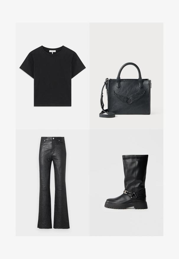Black cropped t-shirt made of cotton, featuring a round neckline, short sleeves, and a simple design with no patterns or embellishments.; Black leather flared pants featuring a crinkled texture, high waist, front pockets, and a classic button closure with zip fly.; Black knee-high boots made of smooth leather, featuring a buckle accent on the side and a thick, textured sole for grip.; Black leather handbag with wing design accent. Features two rounded handles and a detachable shoulder strap. Textured surface. Compact shape.