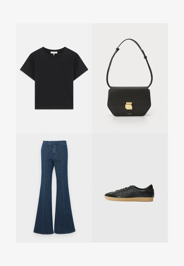 T-shirt nera a maniche corte in cotone, con scollatura rotonda e un design semplice senza motivi o decorazioni.; Pantaloni in denim a zampa d'elefante di colore blu scuro, con cuciture strutturate e un finish pulito. Presentano una vita a media altezza e gambe ampie e fluide.; Sneaker in pelle nera con dettagli in camoscio, punta tonda, suola in gomma naturale, lacci piatti e cuciture decorative. Presenta il logo del marchio sul tallone.; CLOSED CLOSED ONE - Borsa a tracolla - black