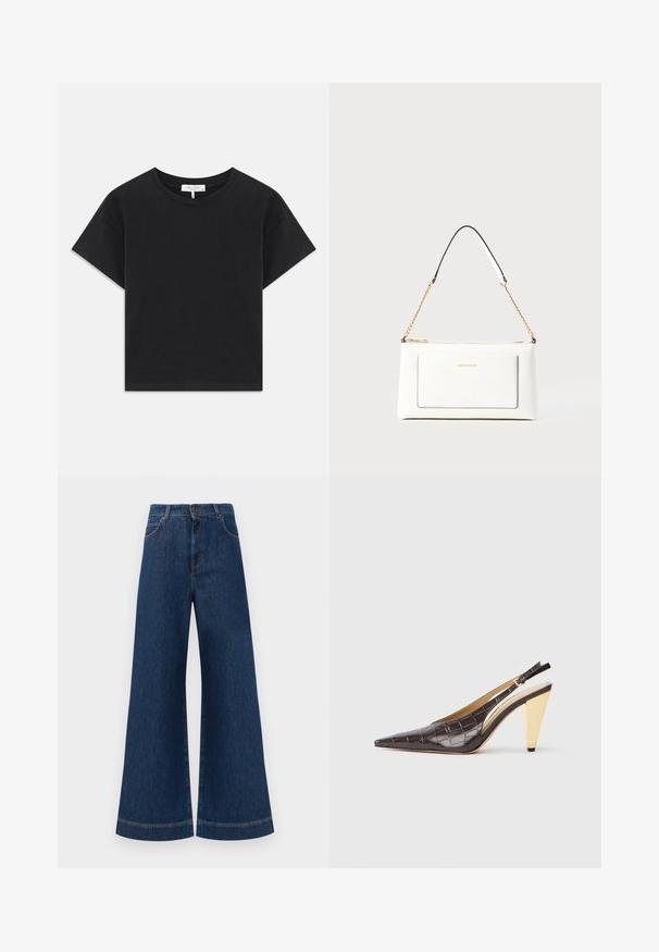 Crna skraćena majica od pamuka, s okruglim izrezom, kratkim rukavima i jednostavnim dizajnom bez uzoraka ili ukrasa.; Široke plave traperice s visokim strukom, s kopčanjem na gumbe, petljama za remen i suptilnim detaljima šavova duž džepova i rubova.; Cipele s potpeticom i otvorenim stražnjim dijelom, u tamnosmeđoj sjajnoj umjetnoj koži krokodila. Sadrže zlatnu geometrijsku potpeticu i prilagodljivu naramenicu.; Bijela kožna torba s teksturiranim završetkom, koja ima zlatni lančić i crne akcentne detalje. Uključuje prednji džep i zatvaranje na patentni zatvarač.