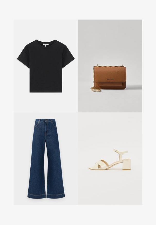 Crna skraćena majica od pamuka, s okruglim izrezom, kratkim rukavima i jednostavnim dizajnom bez uzoraka ili ukrasa.; Široke plave traperice s visokim strukom, s kopčanjem na gumbe, petljama za remen i suptilnim detaljima šavova duž džepova i rubova.; Bež sandale od lakirane kože na visokoj peti s dizajnom preklopnog remena, otvorenim prstima, podesivim remenom oko gležnja i blok petom. Glatka tekstura.; Smeđa kožna torba preko tijela s teksturom, zlatnim lančićem i preklopom na zatvaranju. Na prednjoj strani nalazi se detalj s potpisom i džep ispod preklopa.