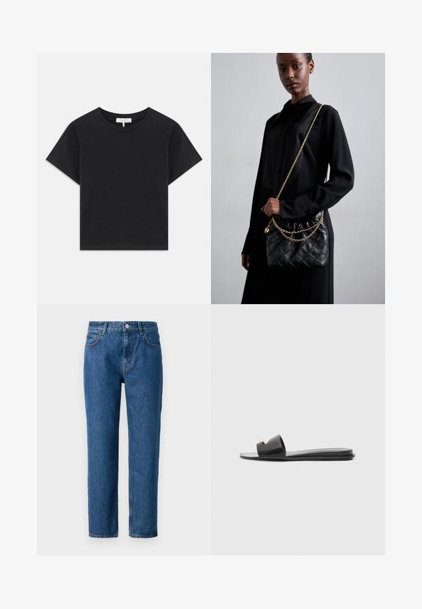 Čierny skrátený tričko vyrobené z bavlny, s okrúhlym výstrihom, krátkymi rukávmi a jednoduchým dizajnom bez vzorov alebo ozdôb.; Modré denimmové džínsy so strihom s rovnými nohavicami, vybavené zapínaním na gombík, pútkami na opasok a prednými vreckami. Vyrobené z texturovanej bavlnenej tkaniny.; Čierne šľapky s širokým zvrškom, hladkou koženou textúrou, otvorenou špičkou a zlatým akcentom na remienku. Ploché podrážky.; Čierna prešívaná kožená kabelka s naťahovacím vrchom, zlatým reťazovým popruhom a obdĺžnikovým tvarom, držaná pred jednoduchým pozadím.