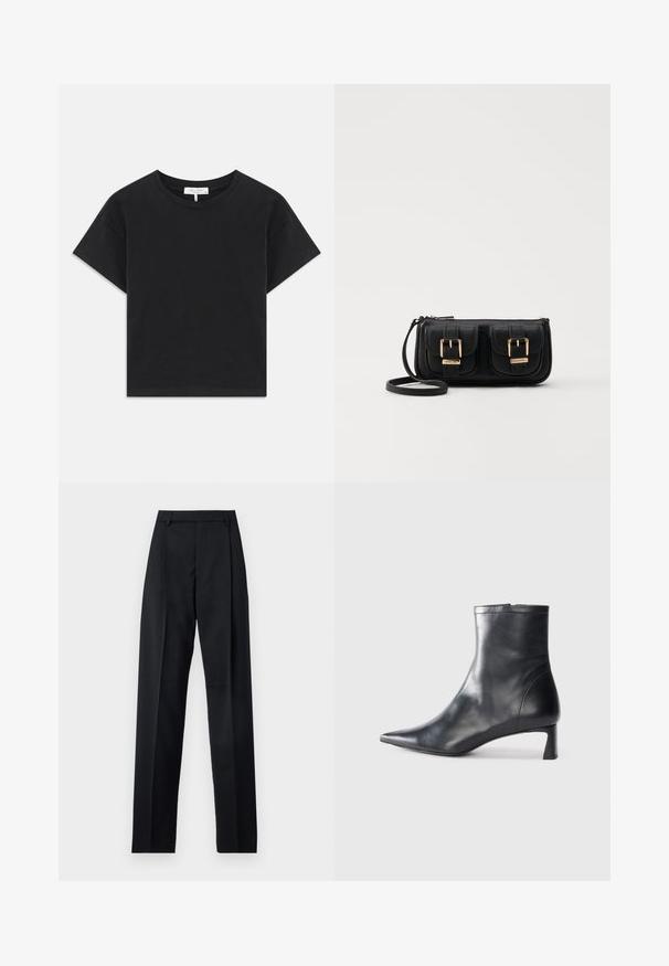 Sort cropped t-shirt lavet af bomuld, med rund halsudskæring, korte ærmer og et enkelt design uden mønstre eller pynt.; Sorte bukser lavet af glat stof, der har høj talje, brede ben, frontfolder og klassiske bælteløkker. Ingen synlige sidelommer.; Sort læder ankelstøvle med spids tå og et strømlinet design. Har en lav hæl og en lynlås lukning bagpå. Glat tekstur.; Sort læder crossbody taske med to frontlommer, guldspænder, lynlåslukning og en slank rem. Struktureret overflade og kompakt rektangulær form.
