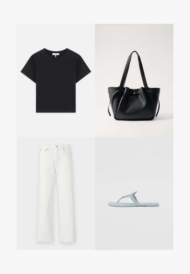 T-shirt nera a maniche corte in cotone, con scollatura rotonda e un design semplice senza motivi o decorazioni.; Jeans in denim bianco con taglio a gamba dritta, design a cinque tasche e accessori in metallo sulla cintura e sulle tasche.; Infradito azzurro chiaro realizzato in materiale testurizzato. Presenta un design semplice con una fascetta per le dita e una suola piatta. Nessun accento o motivo aggiuntivo.; Borsa a spalla in pelle nera con due manici lunghi, parte superiore arricciata e un accento circolare dorato. Texture liscia con un design minimalista.