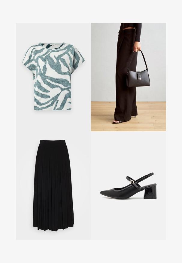 Tričko s krátkym rukávom, voľného strihu v bielej a tyrkysovej farbe s textúrovaným zebrovým vzorom. Zmes bavlny s okrúhlym výstrihom.; Čierna plisovaná sukňa s vysokým, elastickým pásom. Vyrobená z mäkkej látky, pričom má vertikálne plisovanie pre plynulý siluetu.; Čierne lakované kožené lodičky so slingback dizajnom, špicatou špičkou, zaobleným výrezom a blokovým podpätkom. Obsahuje akcent zlatého tónu s prackou.; Čierna kabelka so štruktúrovaným tvarom, hladkou textúrou a kovovou sponou. V kombinácii so širokými čiernymi nohavicami a sandálmi s otvorenou špičkou na drevenej podlahe.