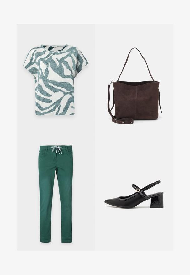 Short-sleeve, loose-fit t-shirt in white and teal with a textured zebra pattern. Cotton blend material with a round neckline.; Green cotton blend trousers with a straight-leg design, drawstring waistband, and two front pockets. Smooth texture and no patterns.; Black patent leather slingback heels with a pointed toe, a rounded cutout design, and a block heel. Features a gold-tone buckle accent.; Brown suede tote bag with a soft texture, featuring a single shoulder strap and a subtle curved top opening. No visible hardware details.
