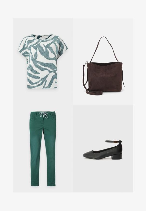 Īsām piedurknēm, brīvā piegriezuma t-krekls baltā un zilo krāsā ar strukturētu zebru rakstu. Kokvilnas maisījuma materiāls ar apaļu kakla izgriezumu.; Zaļi kokvilnas maisījuma bikses ar taisnu kāju dizainu, ar elastīgu jostu un divām priekšējām kabatām. Gluda tekstūra un nav rakstu.; Melnas ādas sūkņi ar smailu purngalu un zemu bloku papēdi. Iezīmēts ar potītes siksniņu ar zelta krāsas sprādzi. Gluda tekstūra.; Brūns zamšādas roku soma ar mīkstu tekstūru, aprīkota ar vienu plecu siksnu un nelielu izliekta augšējā atvēruma dizainu. Nav redzamu metāla detaļu.