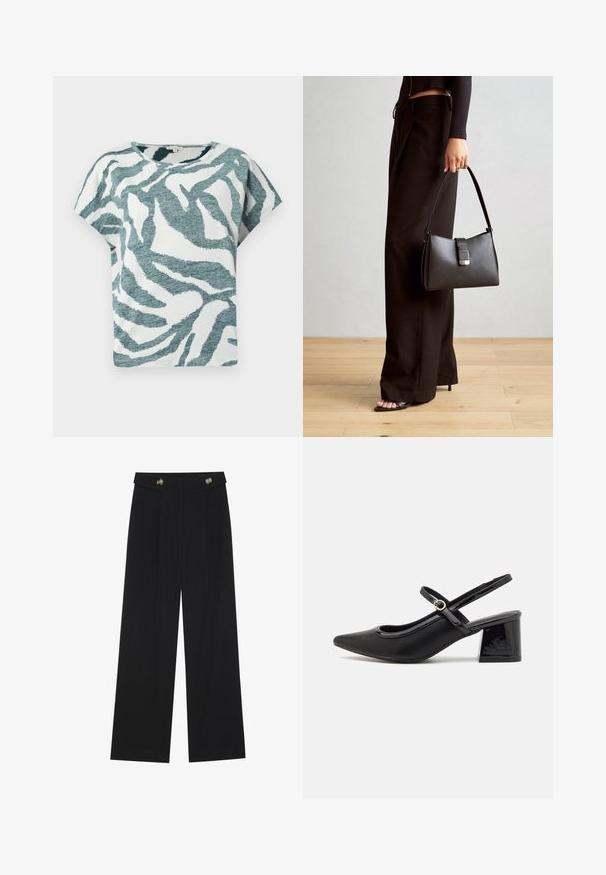 Short-sleeve, loose-fit t-shirt in white and teal with a textured zebra pattern. Cotton blend material with a round neckline.; Black wide-leg trousers with high waist, button details on waistband, and front pleats.; Black patent leather slingback heels with a pointed toe, a rounded cutout design, and a block heel. Features a gold-tone buckle accent.; Black handbag with structured shape, smooth texture, and a metallic clasp. Paired with wide black pants and open-toe sandals on wooden floor.