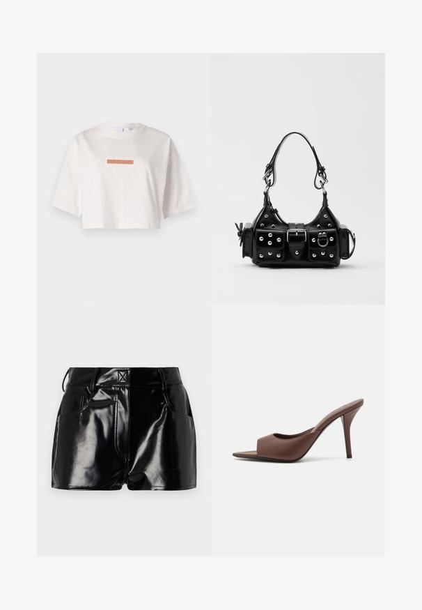 Valge lühikeste varrukatega puuvillane lühikeses vormis t-särk, millel on graafiline print tekstiga "ACRESI" ja horisontaalne oranž riba.; Mustad, läikivad lühikesed püksid sünteetilisest materjalist. Omab kitsast piha, vöölõike ja esimesi taskuid, millel on silmapaistvad õmbluse detailid.; Pruunid nahast avatud varvastega kõrged kontsad, millel on stiilne disain, laia eesrihma ja peene stilettokontsaga.; Must värvi nahast käekott, millel on kaarjas disain, hõbedased nupukesed, kinnitusahe ja kaks külgtaskut. Reguleeritav rihm erinevate kandmisvõimaluste jaoks.