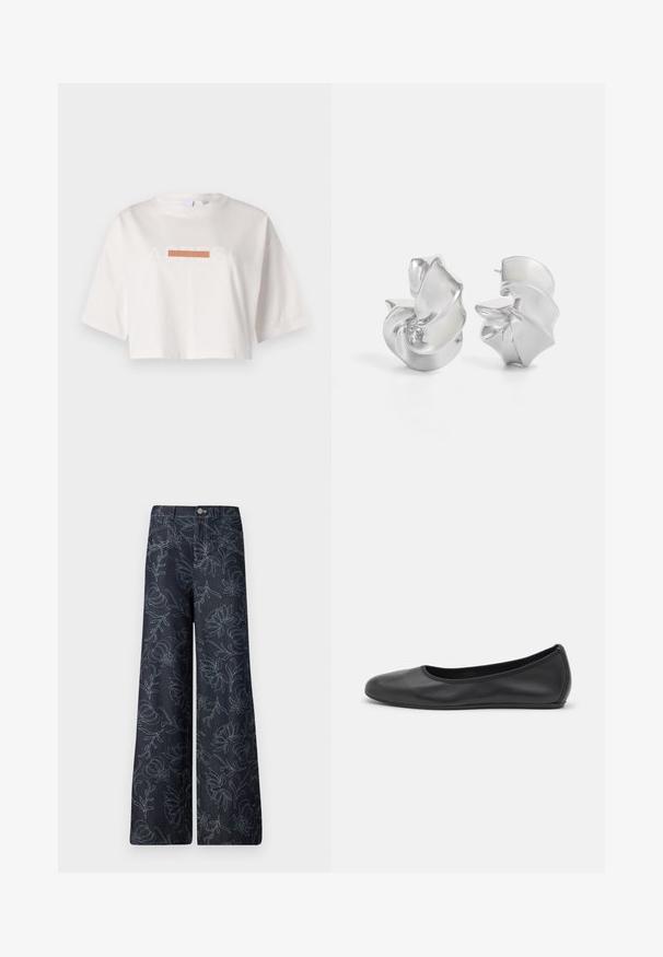 Camiseta blanca corta de algodón con mangas cortas y un diseño gráfico que incluye el texto "ACRESI" y una franja horizontal naranja.; Pantalones de mezclilla anchos de color oscuro con un patrón floral bordado en azul claro. Diseño clásico de cinco bolsillos con cierre de botón en la parte delantera.; Bailarina de piel negra con punta redondeada, textura suave, detalle de costura minimalista y diseño de suela flexible.; Pendientes de plata con un diseño en espiral y fluido. Textura suave con un acabado pulido. Presenta un brillo sutil y no tiene adornos visibles.