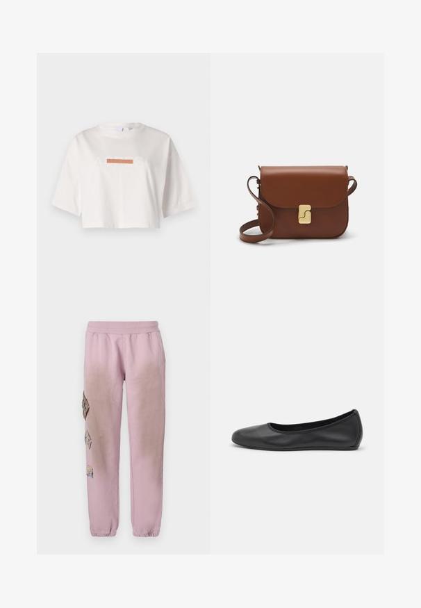 Bijela kratka majica od pamuka s kratkim rukavima, s grafičkim printom i natpisom "ACRESI" te horizontalnom narančastom prugom.; Roze trenirke s elastičnim pojasom, koje imaju ukrasne zakrpe u obliku dijamanta s lijeve strane i elastične manžete na gležnjevima.; Crne kožne baletanke s zaobljenim vrhom, glatke teksture, minimalnim detaljima šavova i fleksibilnim dizajnom potplata.; Smeđa kožna torba s preklopom, zlatnim detaljima, remenom za nošenje preko ramena i glatkom teksturom. Kompaktni pravokutni oblik.