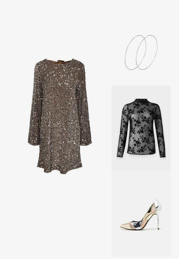 Black mesh long-sleeve top with an intricate floral pattern. Features a high neckline and sheer texture for layered styling options.; Long-sleeve dress featuring a brown fabric covered in silver sequins, with a round neckline and a back bow detail. Reflective and textured surface.; Pointed-toe high heel shoe with a silver, gold, and nude color scheme. Glossy finish with cutout design, featuring a stiletto heel.; Silver metallic pouch bag with a soft, rounded shape and a knotted top closure. Made from smooth faux leather material.; Silver hoop earrings with a minimalist design. Circular shape, smooth texture, and thin profile. Lightweight with a polished finish.