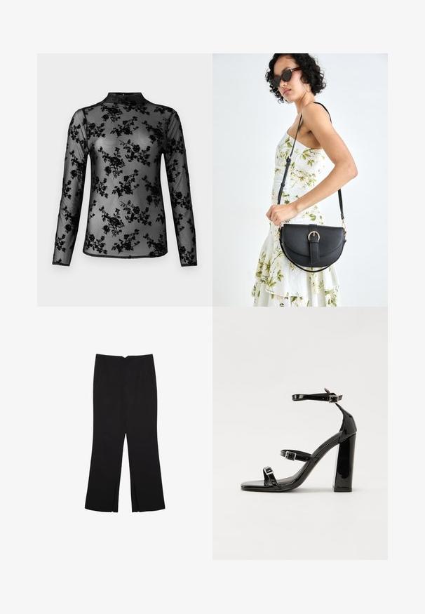 Schwarzes, langärmliges Oberteil aus Netzstoff mit einem komplizierten Blumendesign. Verfügt über einen hohen Kragen und eine durchsichtige Textur für vielfältige Stylingmöglichkeiten.; Schwarze Hose mit geradem Schnitt, ausgestattet mit Fronttaschen und Seitenschlitzen am Saum. Hergestellt aus weichem, glattem Stoff. Geeignet für verschiedene Anlässe.; Schwarze patentierte Sandalen mit Absatz, quadratischer Spitze, Knöchelriemen und silbernen Schnallen. Mit einem stabilen Blockabsatz für mehr Stabilität.; Schwarze Lederhandtasche mit geschwungener Form, abnehmbarem Tragegurt und goldenen Beschlägen. Die Tasche verfügt über einen Deckel mit einer Schnallen-Details.