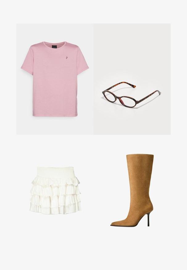 Peak Performance EXPLORE GRAPHIC TEE - Tričko s potlačou - bitter root; Biela sukňa s volánmi a smockovaným pásom. Obsahuje vrstvené, priehľadné volány, ktoré vytvárajú textúrovaný a plynulý vzhľad.; Kožené čižmy po kolená v camel farbe s špicatou špičkou a tenkým vysokým podpätkom. Hladká textura a elegantný silueta s minimálnym detailovaním.; Korytnačkové slnečné okuliare s oválnymi šošovkami, s tmavým rámom so svetlými a tmavými hnedými vzormi a štíhlymi, zakrivenými nožičkami.