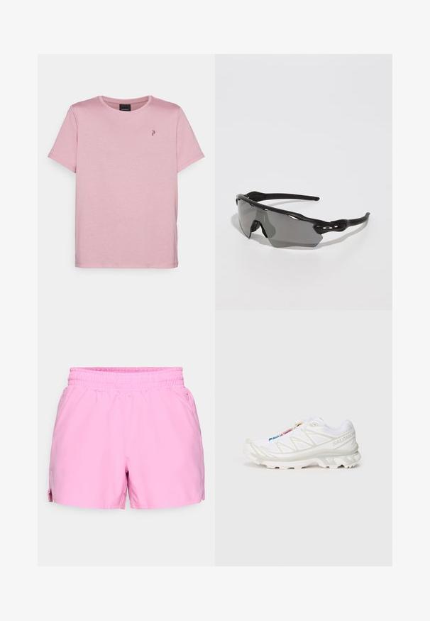 Peak Performance EXPLORE GRAPHIC TEE - T-shirt estampada - bitter root; Calções esportivos rosa com cintura elástica e bolsos laterais, apresentando pequenas fendas laterais e uma marcação discreta perto da bainha esquerda.; Sapatilha atlética branca com parte superior em malha texturada, detalhes refletivos e sola acolchoada. Logótipo da marca destacado na lateral.; Óculos de desporto pretos com um design elegante, lentes envolventes, lentes com tonalidade cinza e hastes texturizadas em preto. Sem logótipos visíveis.